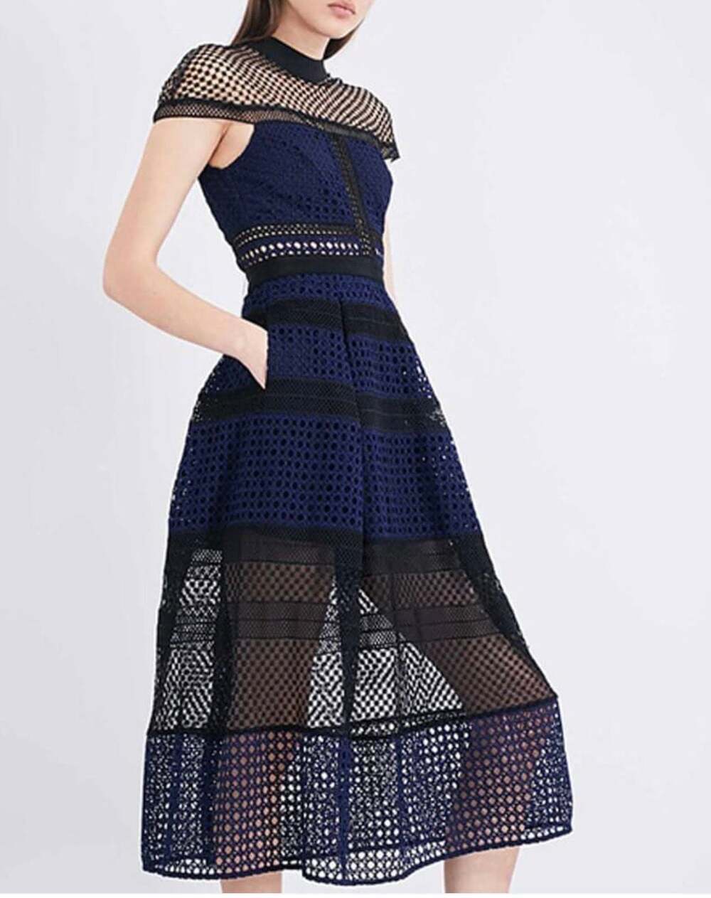 self-portrait Guipure Lace Paneled Navy Black Midi Dress Size US 0 UK 4 Cap Slee